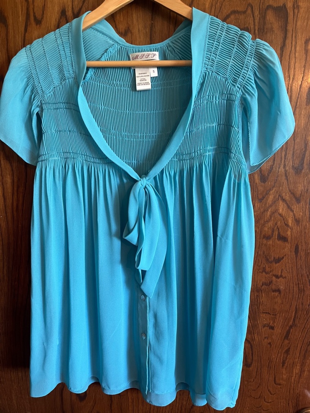Max Studio Turquoise Tie-Neck Short Sleeve Blouse